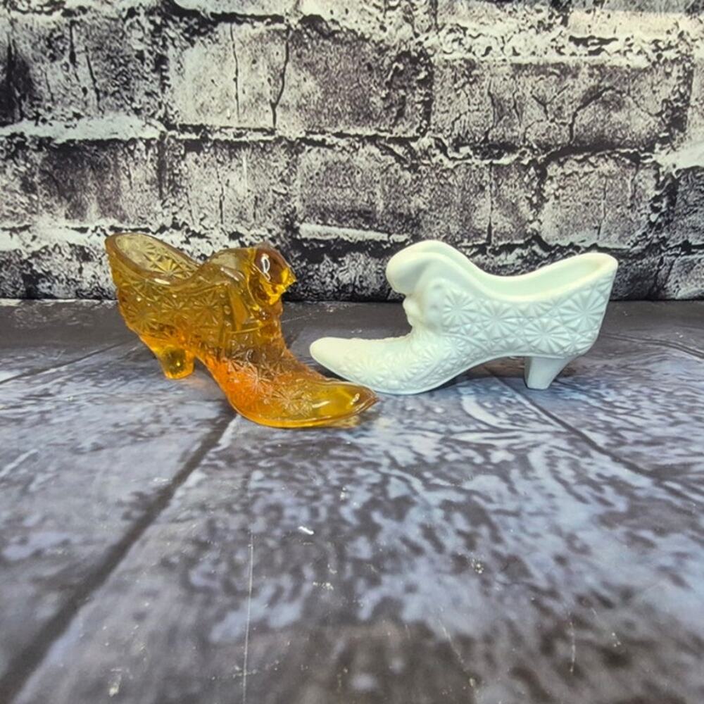 Vintage Pair of Boots Milk Glass and Amberina Fenton Style